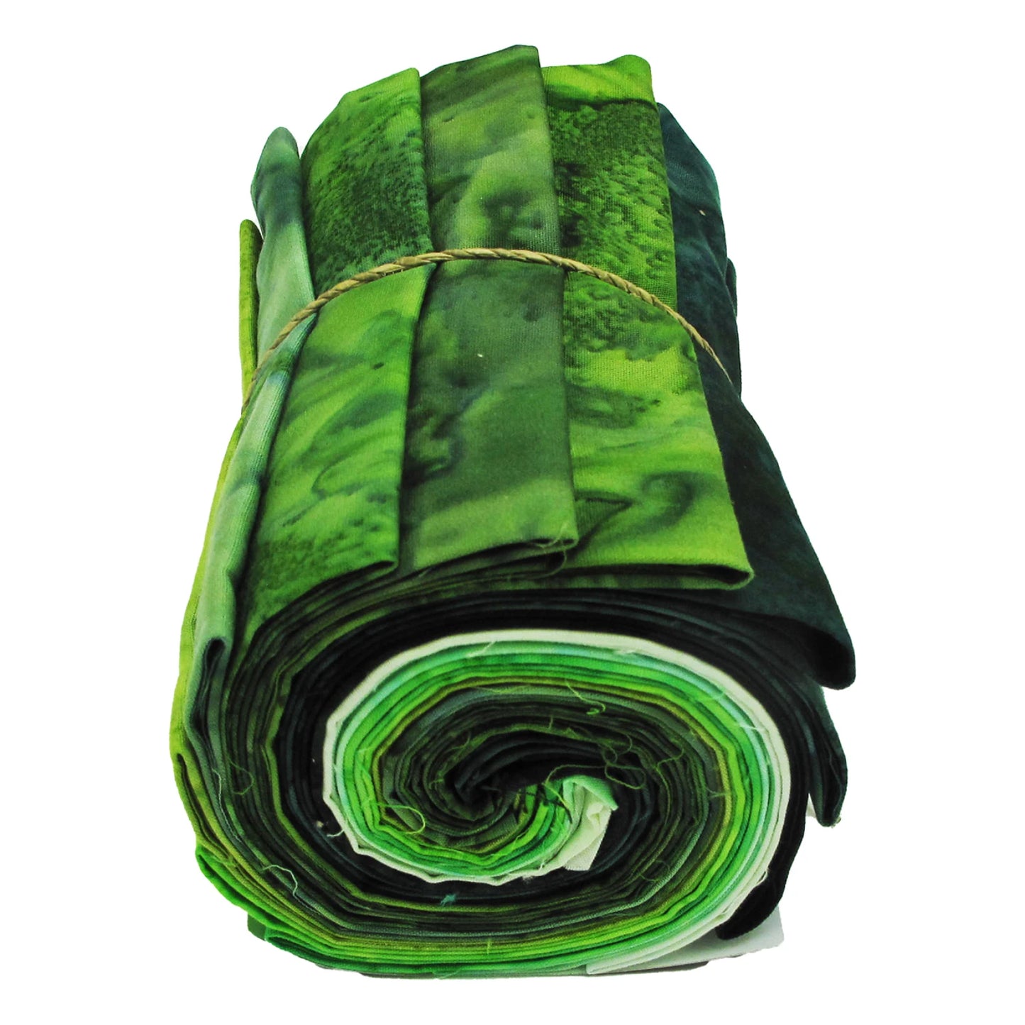Hoffman Batik 1895 Watercolor Fat Quarter Bundle 12pcs Green showing rolled green batik fat quarters in a range of watercolor shades

