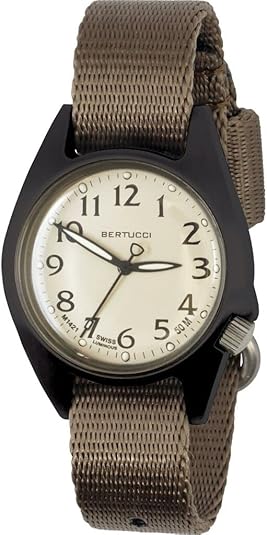 Bertucci M-2RA Women’s Field Watch with sand dial, matte black 35 mm case, and 351 Espresso Comfort-Webb espresso band


