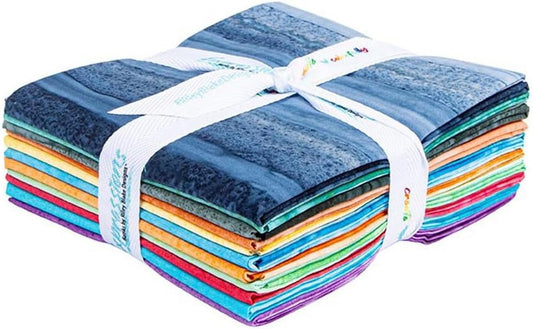 Riley Blake Batiks Elementals Color Fade Ombre fat quarter bundle with 11 100% cotton batik pieces fading from yellow to peach to turquoise
