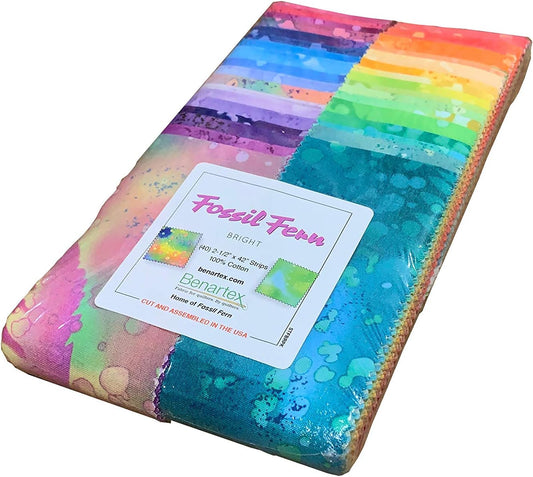 Benartex Fossil Fern Brights Jelly Roll with 40 multicolor 2.5 x 44 inch quilting cotton strips rolled into a bundle
