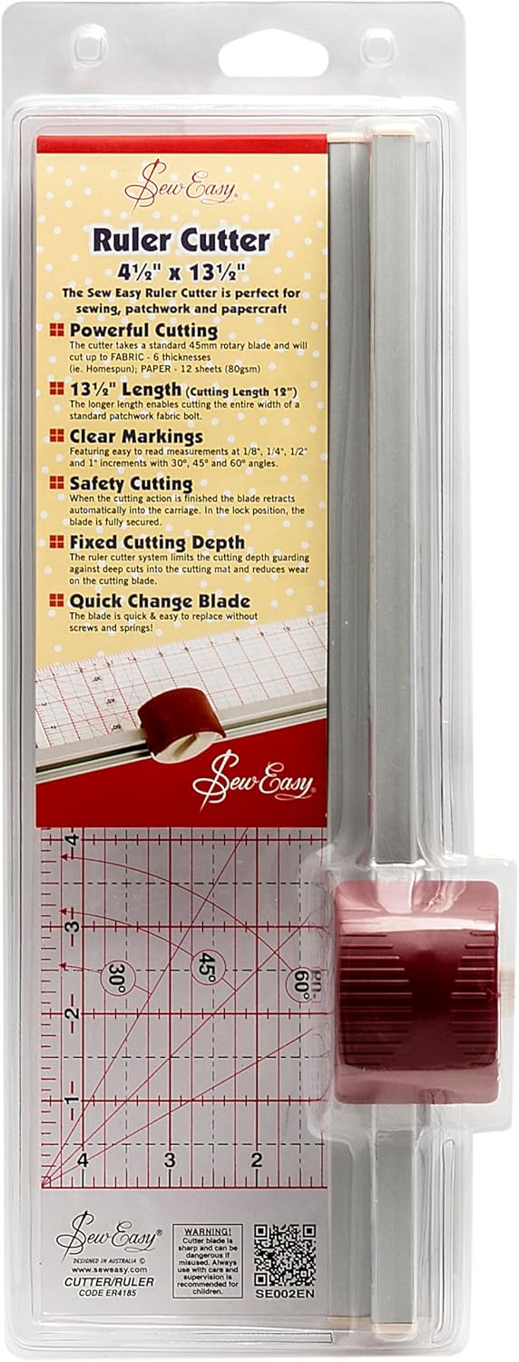 Sew Easy Ruler Cutter 4.5 x 13.5 inch with integrated 45mm rotary blade used for cutting multiple layers of quilting fabric
