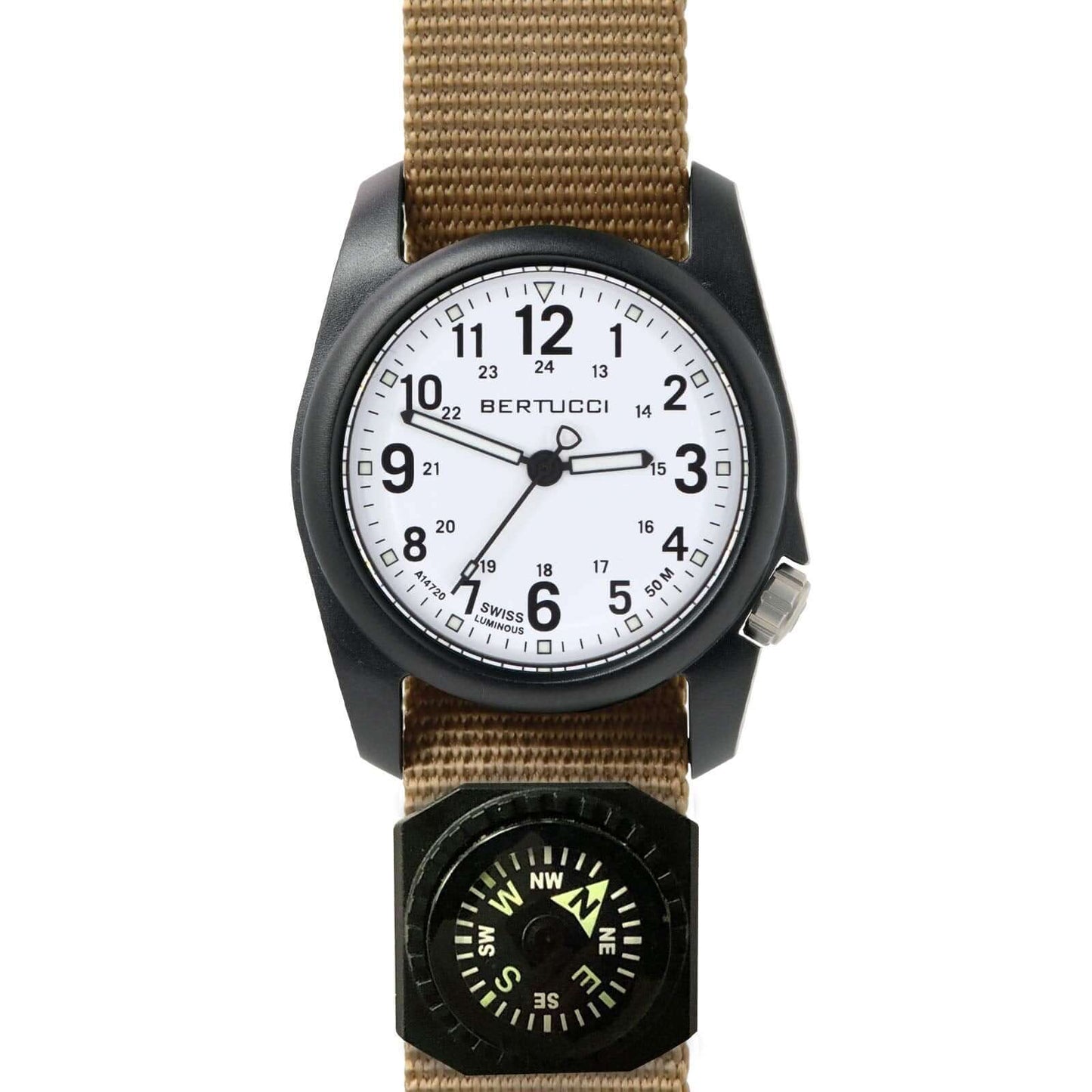 BERTUCCI Men's White Dial Black Case Coyote Nylon Band Quartz Watch | Durable & Stylish