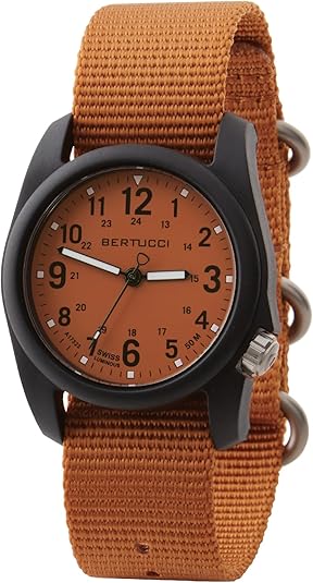 BERTUCCI DX3 Field Watch with Cicada Orange dial, matte black 40 mm Unibody case, and Cicada Orange B‑TYPE nylon band – outdoor military quartz field watch

