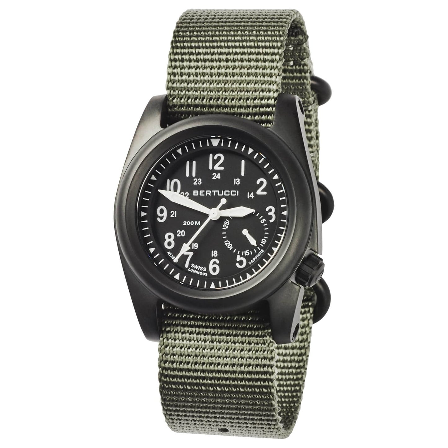 <img src="example.jpg" alt="Bertucci A-2s Ballista Matte Black Dial Defender Drab Nylon Watch" />