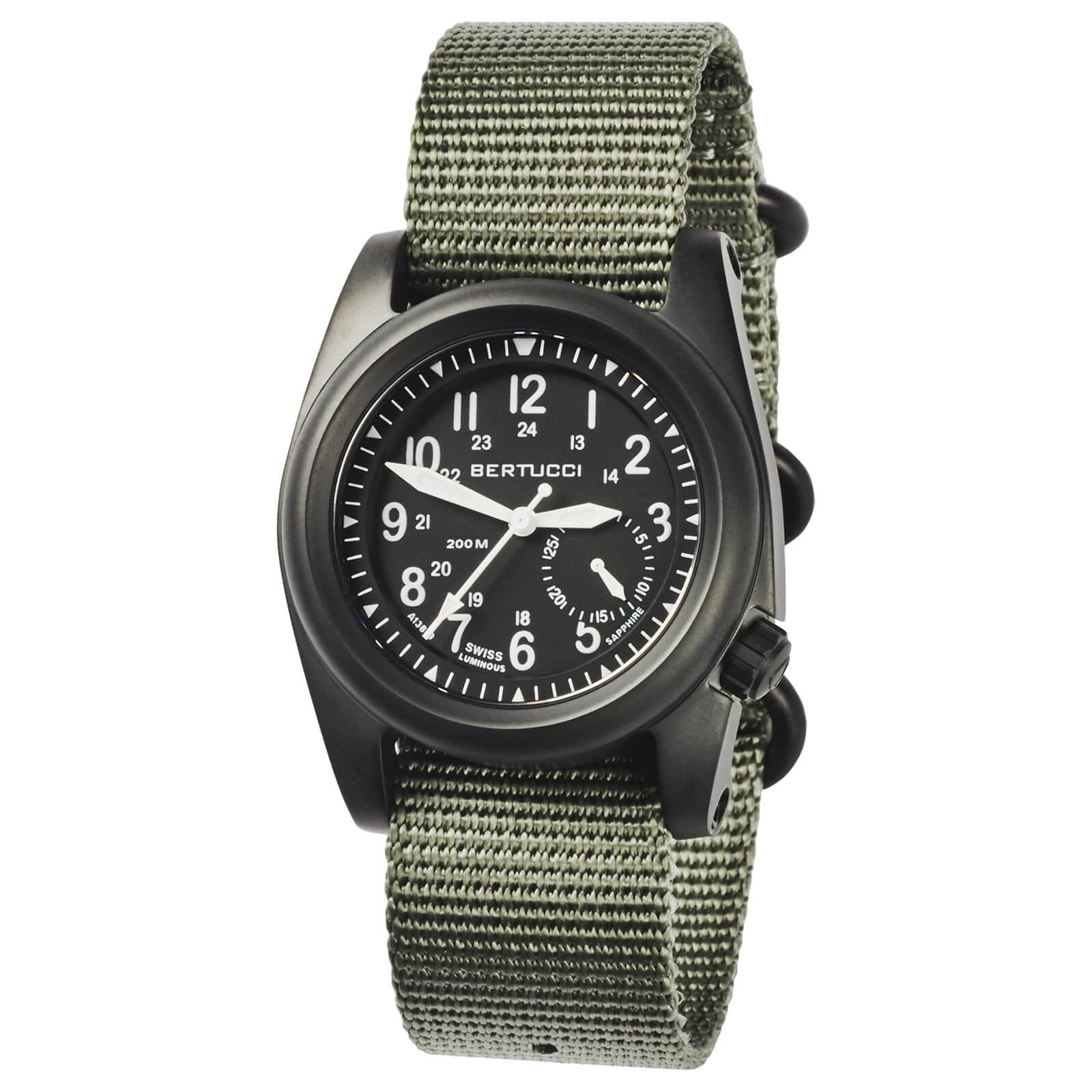 <img src="example.jpg" alt="Bertucci A-2s Ballista Matte Black Dial Defender Drab Nylon Watch" />