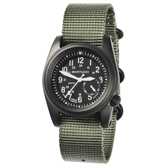 <img src="example.jpg" alt="Bertucci A-2s Ballista Matte Black Dial Defender Drab Nylon Watch" />