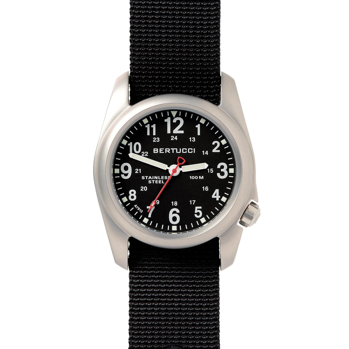 BERTUCCI® Stainless Steel Field Watch - A-2S Field™ Black Dial - Black Nylon Band 11050