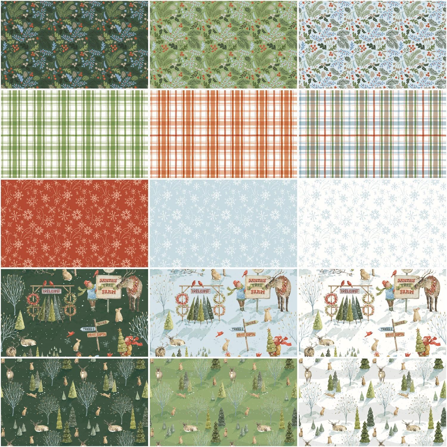 Riley Blake Lisa Audit Santa's Tree Farm Rolie Polie with 40 Christmas 2.5 inch quilting strips in red, green, and snowy tree farm prints
