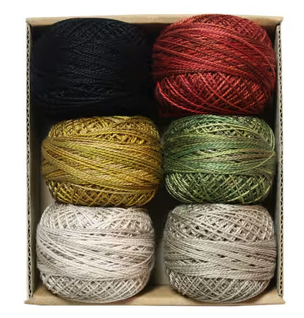 Valdani Bertie's Year Size 12 pearl cotton 6-pack showing multicolor hand-dyed balls of thread for embroidery and cross-stitch
