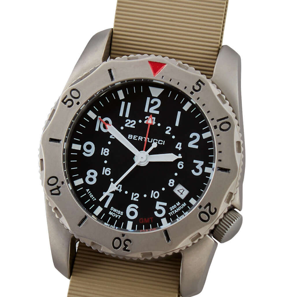 Bertucci 40mm Titanium Field Watch A-2TR Field Pro™ 12132 black dial Bertucci Khaki™ Italian Rubber NATO band