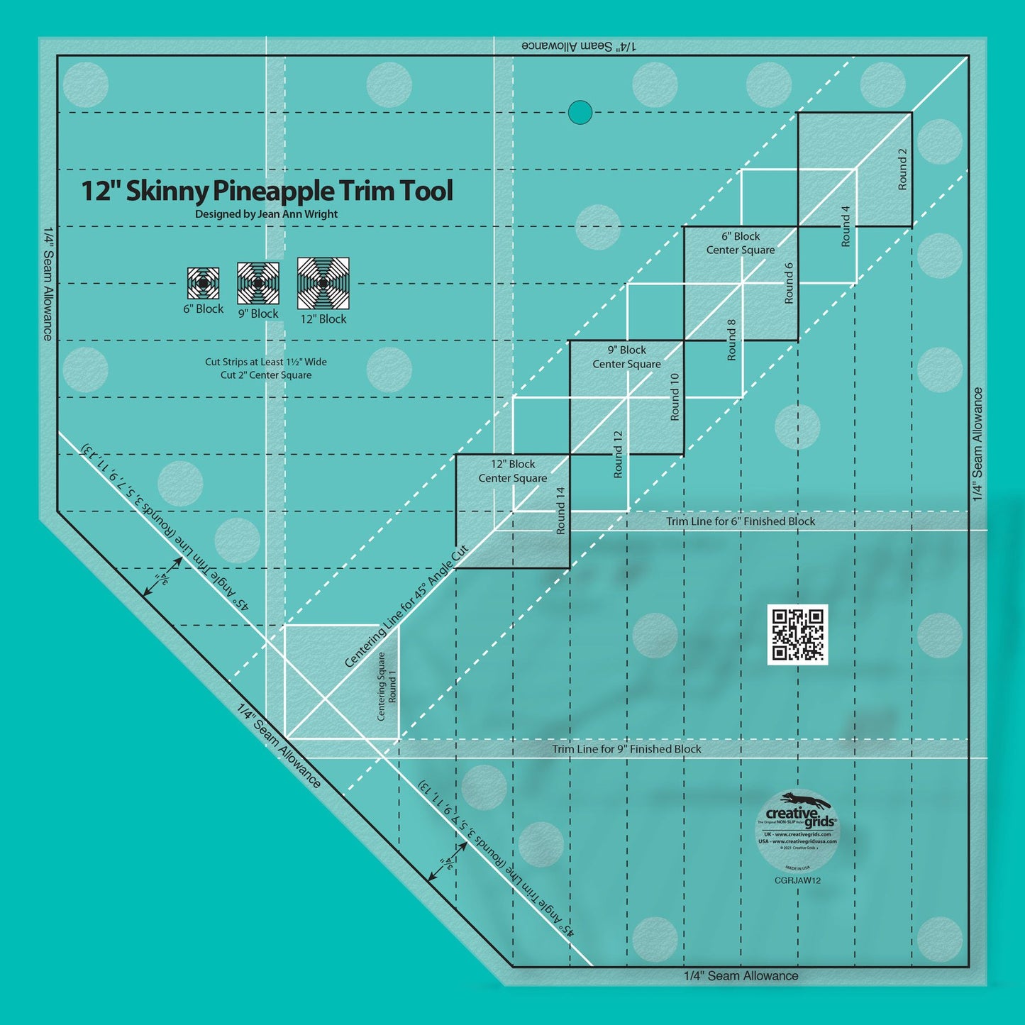 Creative Grids 12in Skinny Pineapple Trim Tool Quilt Ruler - CGRJAW12