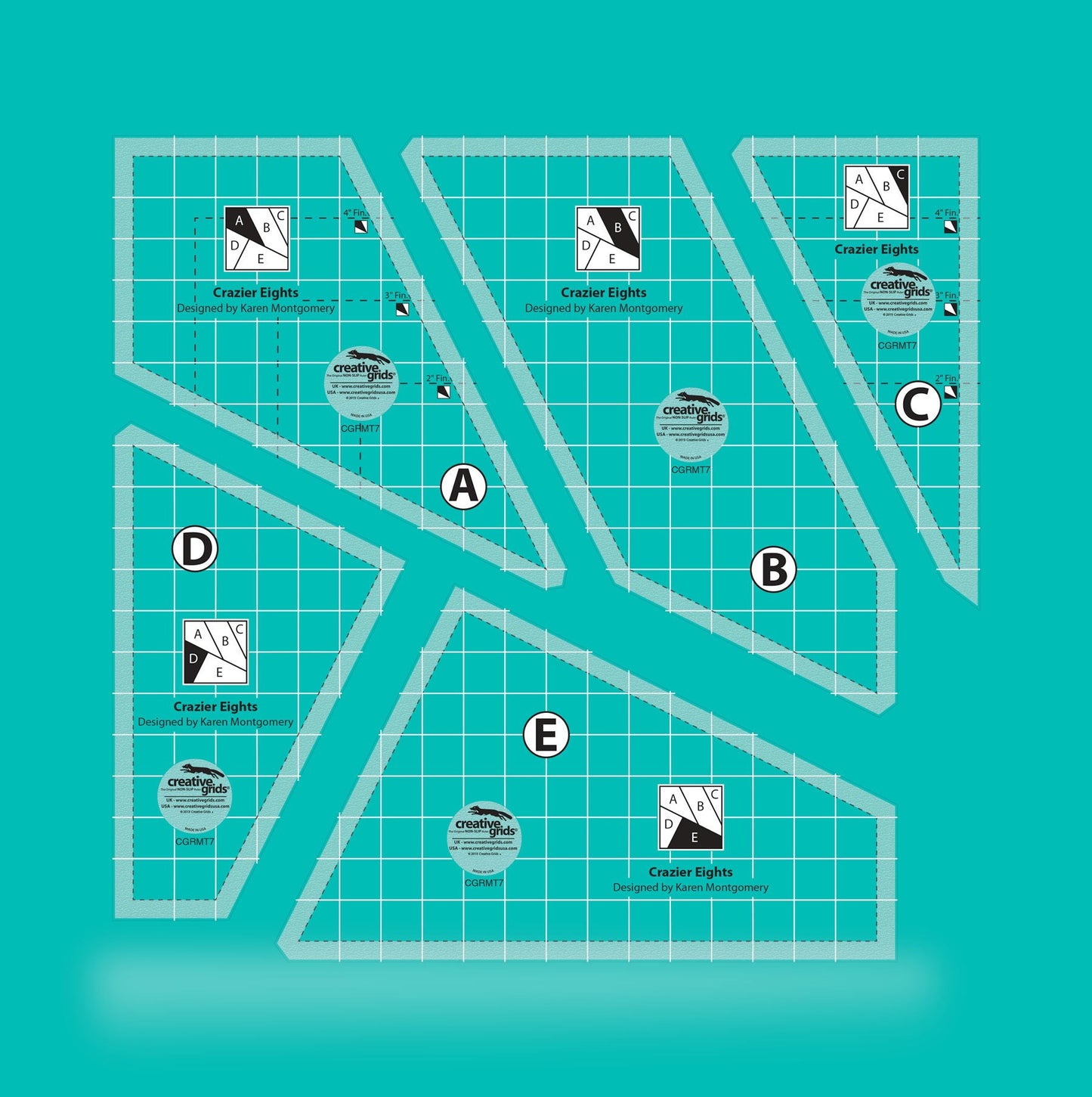 Creative Grids Crazier Eights acrylic template set CGRMT7 for 8 inch crazy quilt blocks with non-slip grip

