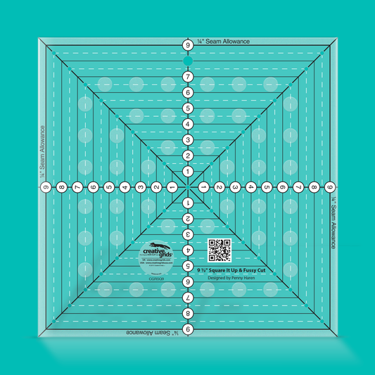 Creative Grids 9-1/2 inch Square It Up or Fussy Cut non-slip quilt ruler with alignment lines and drilled holes for seam allowance


