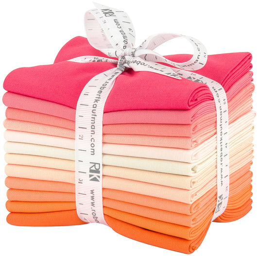 Robert Kaufman Kona Cotton Melon Ball fat quarter bundle with 12 folded solid cotton pieces in a warm gradient from soft peach to deep coral
