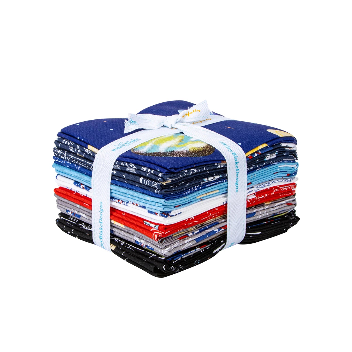 Riley Blake Outer Space by NASA fat quarter bundle with 18 folded 100% cotton quilting fabrics featuring shuttles, planets, rockets, and science graphics
