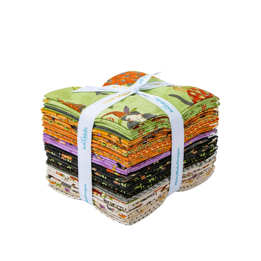 Riley Blake Ghoul Friends Halloween fat quarter bundle with 24 multicolor 100% cotton prints in purple, orange, and green spooky-cute designs
