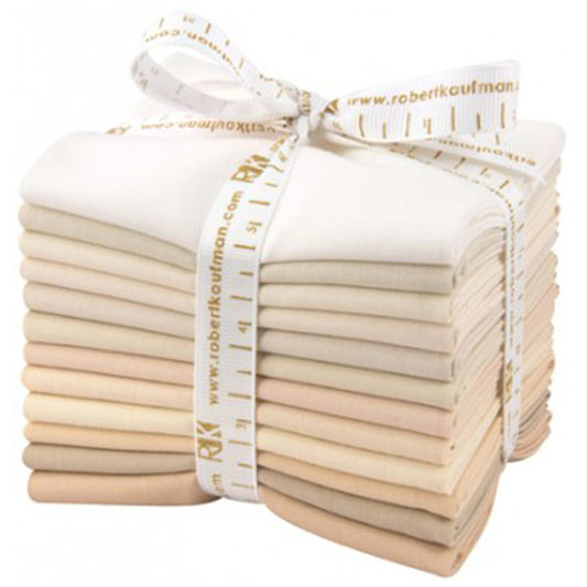 Robert Kaufman Kona Cotton Not Quiet White fat quarter bundle with 12 neatly folded off-white 100% cotton quilting pieces tied together
