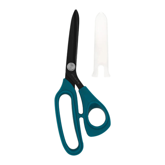 Perfect Scissors dark teal 8-1/2 inch fabric scissors with bent handle and black micro-serrated non-slip blades

