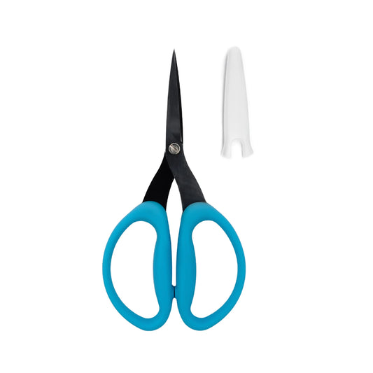Karen Kay Buckley Perfect Scissors Blue 6in with micro-serrated black blades and protective cover for precise fabric cutting

