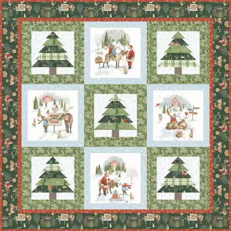 Santa's Tree Farm Panel Quilt Kit KT-16450 with winter tree farm panel and coordinating Christmas fabrics

