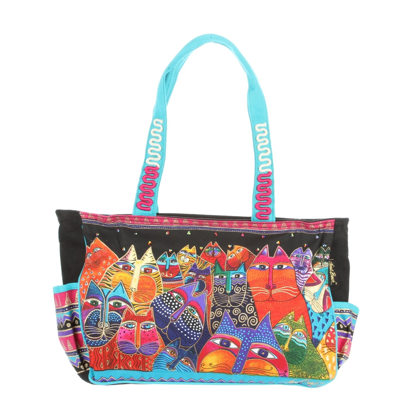 Sun N Sand Fantasticats medium tote bag LB5232 in 100% cotton canvas with colorful cat art, zipper top, and interior pockets — perfect gift for cat lovers.
