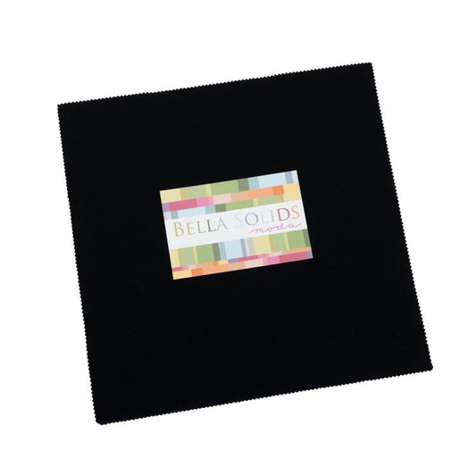 Black Bella Solids Layer Cake by Moda Fabrics — 42 precut 10-inch black cotton quilting squares