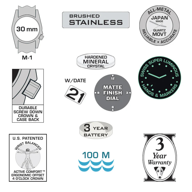 Bertucci M-1S women's field watch 30mm black dial stainless steel case field drab comfort webb band
