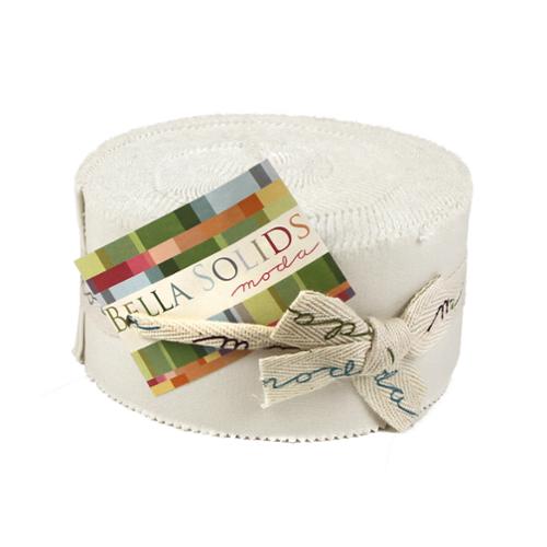 Moda Bella Solids White Jelly Roll 9900JR 98 with 40 rolled 2.5 inch white quilting strips of 100% cotton fabric

