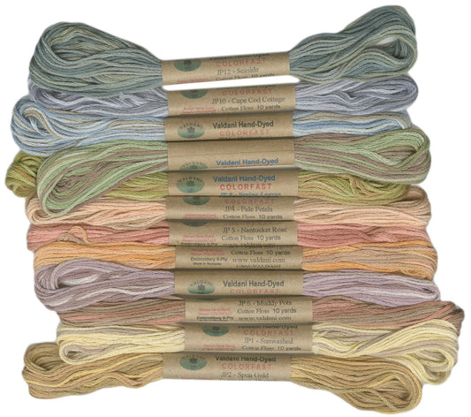 Valdani Muddy Monet 6-strand embroidery floss 12-pack showing assorted hand-dyed cotton skeins in soft painterly colors
