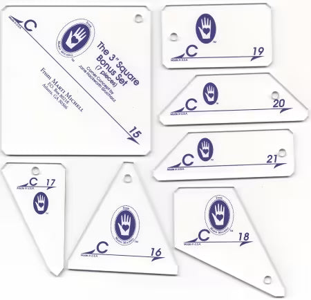 Perfect Patchwork Templates Set C by Marti Michell showing 7 clear acrylic quilting templates with engraved markings and 1/4 inch seam allowances
