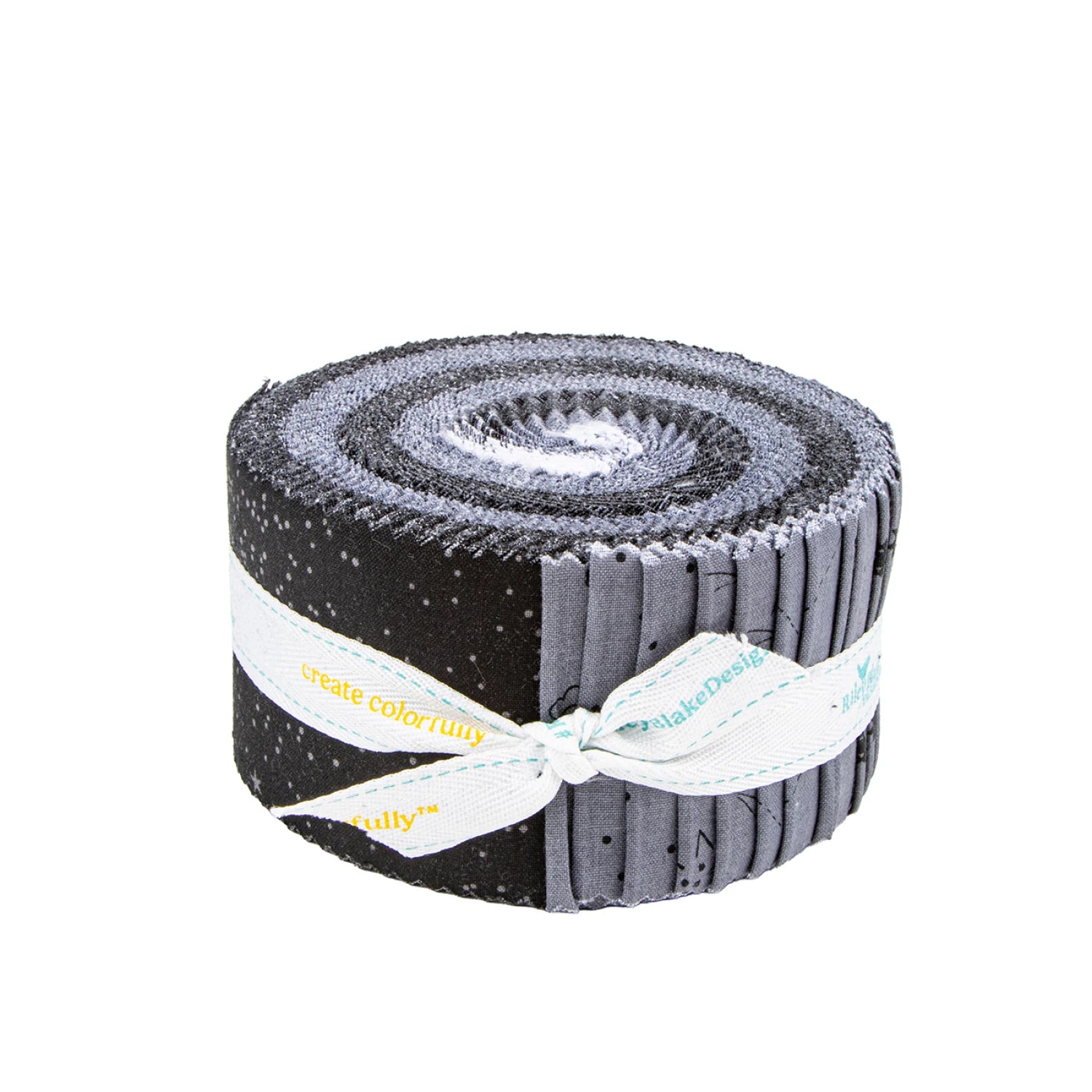 Riley Blake Blackout Rolie Polie jelly roll with 40 black, white, and gray 2.5 inch geometric quilting strips rolled into a bundle
