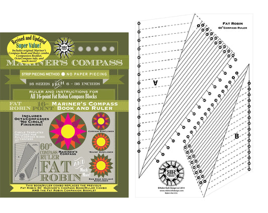 Fat Robin 16 Point Mariner’s Compass Book and Ruler Combo RR184 showing acrylic Skinny Fat 60 degree ruler, template sheet, and instruction book
