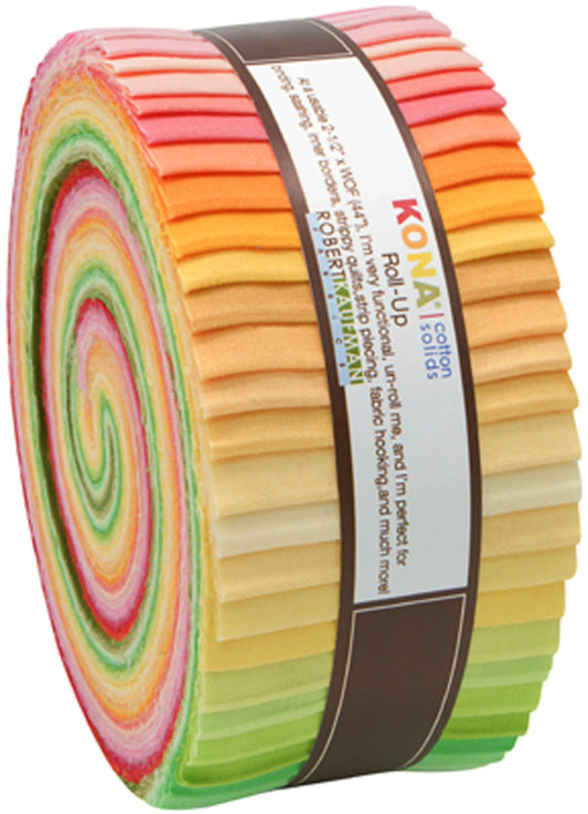 Kona Cotton Solids Sunrise Palette Roll Up RU-262-43 with 43 pre-cut 2-1/2 inch strips in warm sunrise colors by Robert Kaufman

