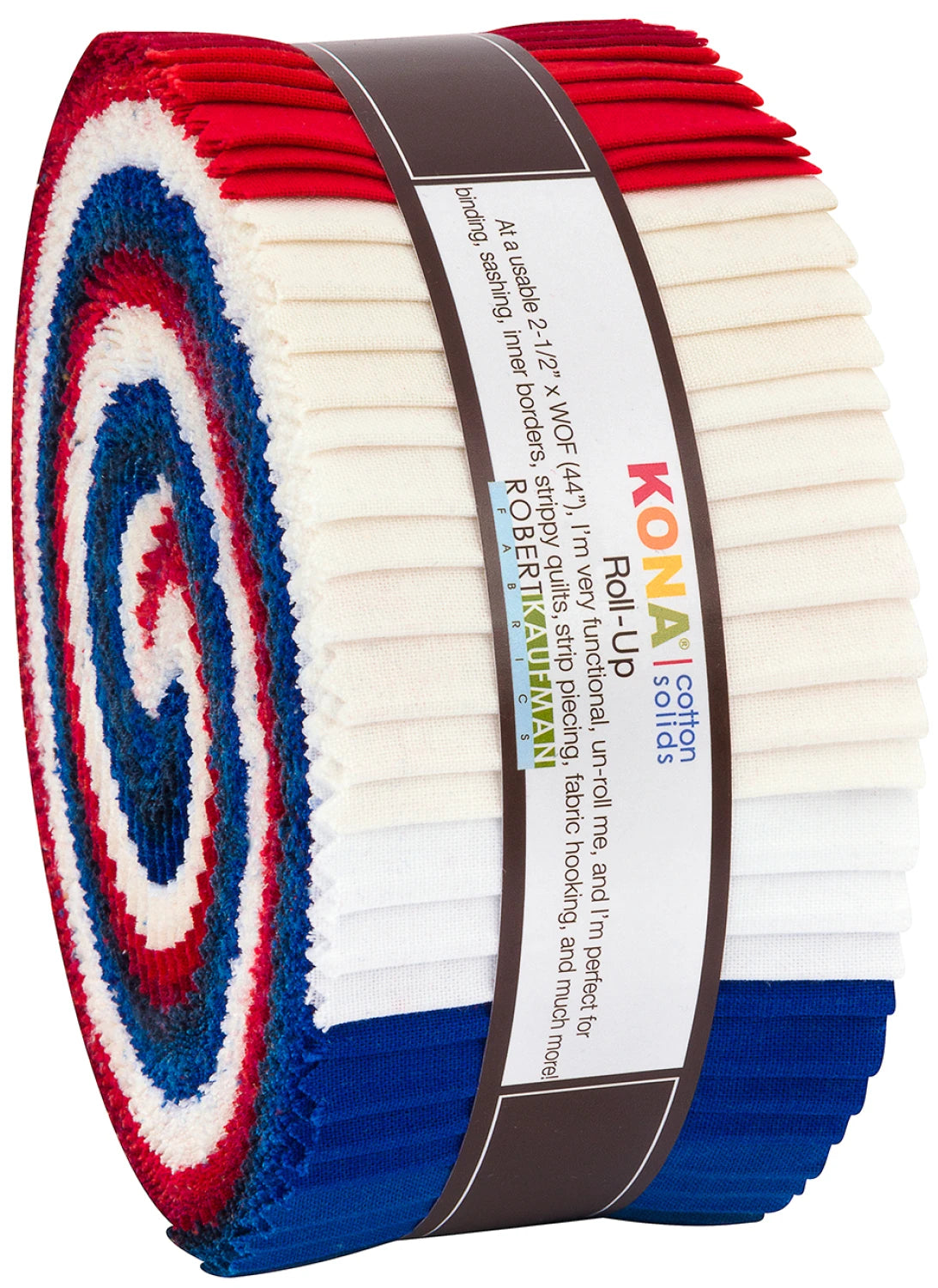 Kona Cotton Patriotic Holiday Palette Roll Up RU-779-40 with 40 pre-cut 2-1/2 inch strips in red, white, blue, and coordinating solids by Robert Kaufman

