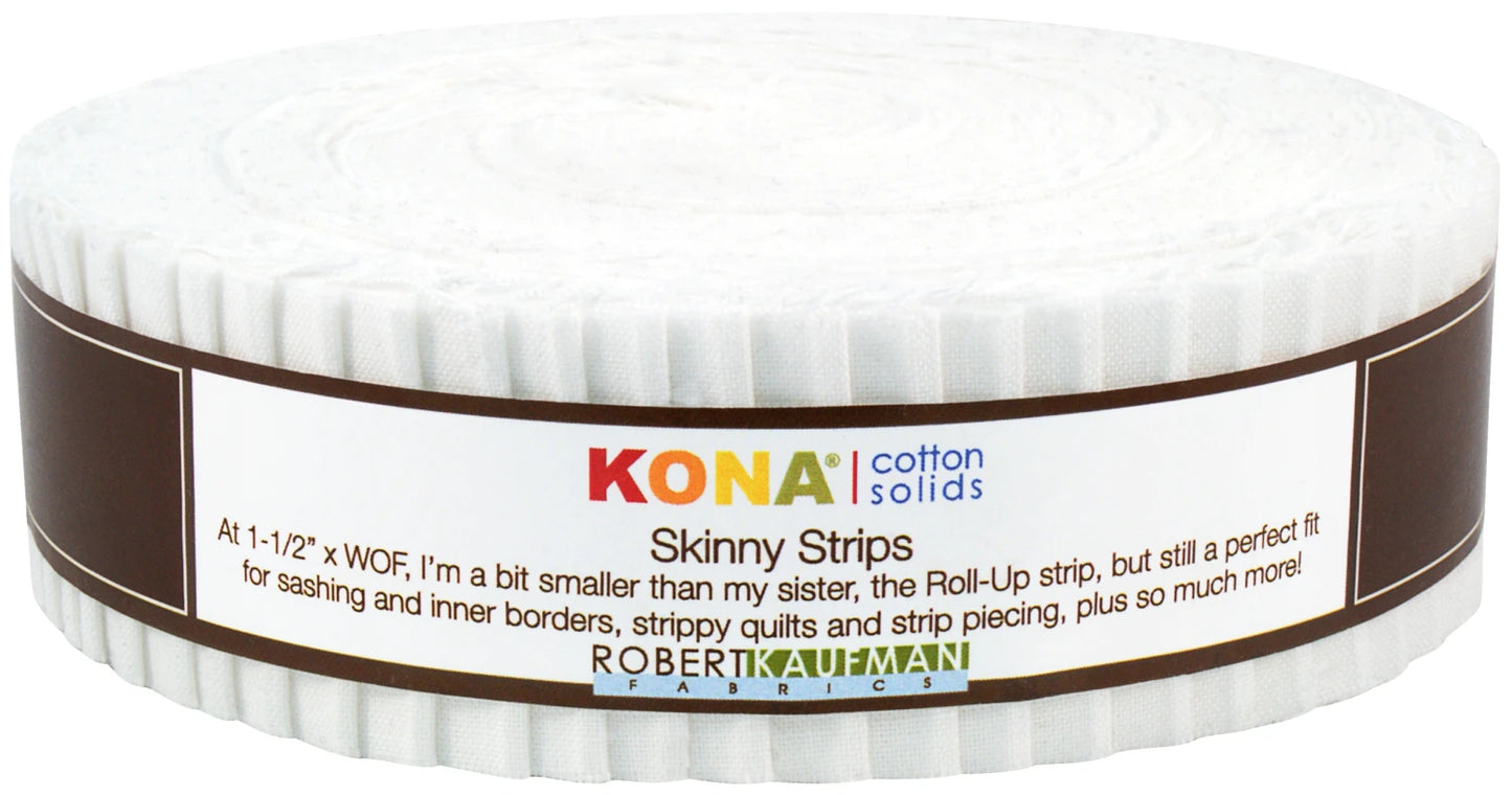 Robert Kaufman Kona Cotton White 1-1/2 inch strip bundle with 40 precut 100% cotton quilting strips neatly stacked
