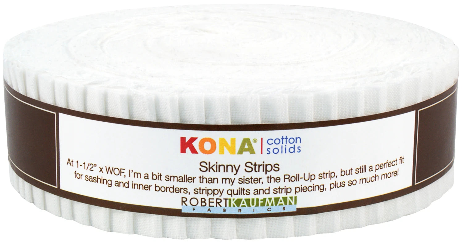 Robert Kaufman Kona Cotton White 1-1/2 inch strip bundle with 40 precut 100% cotton quilting strips neatly stacked
