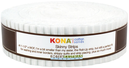 Robert Kaufman Kona Cotton White 1-1/2 inch strip bundle with 40 precut 100% cotton quilting strips neatly stacked
