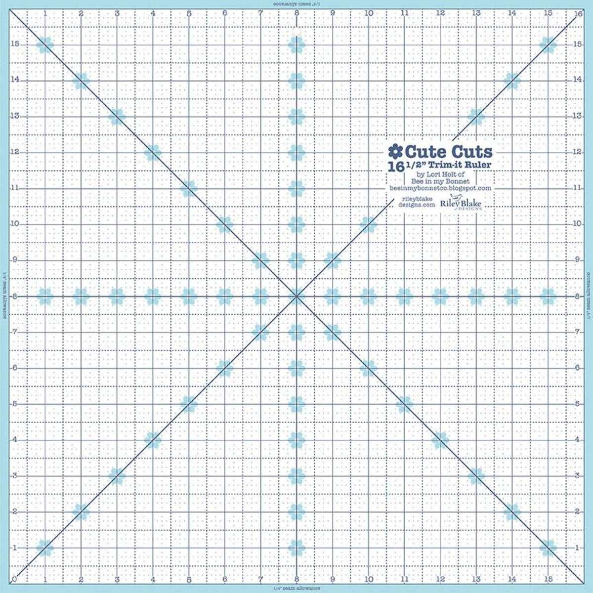 Riley Blake Lori Holt Cute Cuts Trim-it 16-1/2 x 16-1/2 inch non-slip square quilt ruler ST-4819 with aqua and denim grid markings

