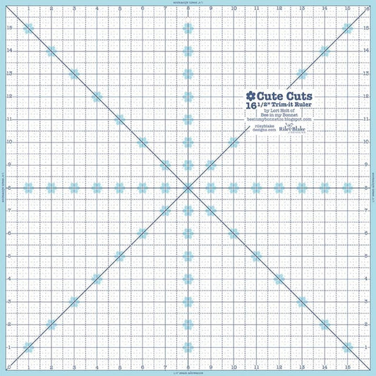 Riley Blake Lori Holt Cute Cuts Trim-it 16-1/2 x 16-1/2 inch non-slip square quilt ruler ST-4819 with aqua and denim grid markings

