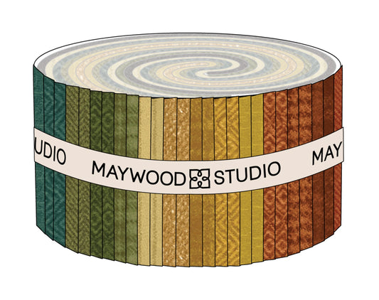 Maywood Studio Woolies Flannel Desert Sunset bundle with 40 rolled 2.5 inch multicolor cotton flannel strips in warm sunset tones
