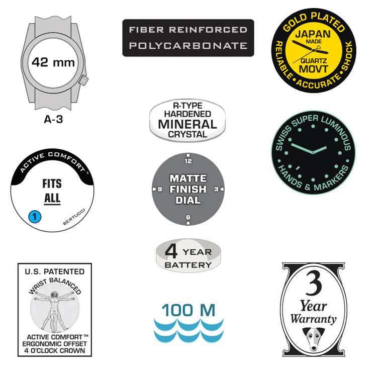 Bertucci A-3P Sportsman Field Watch 42mm – Black Dial, Vintage Drab Nylon Band