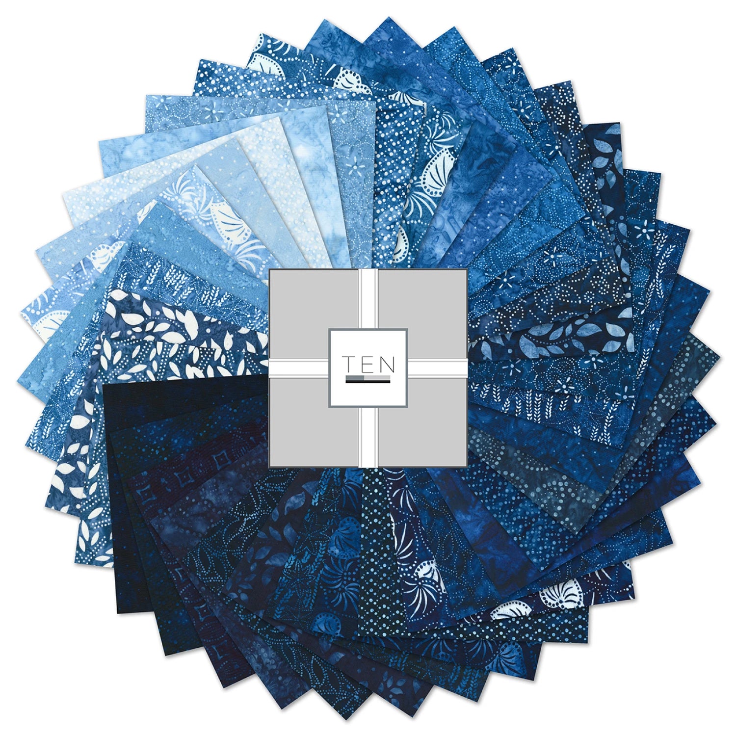 Stack of 42 Kasuri 10in blue quilting cotton squares with traditional-inspired patterns by Robert Kaufman
