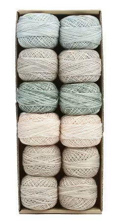 Valdani Utility Quilting Size 12 pearl cotton 12-pack showing neutral hand-dyed thread balls for quilting and embroidery
