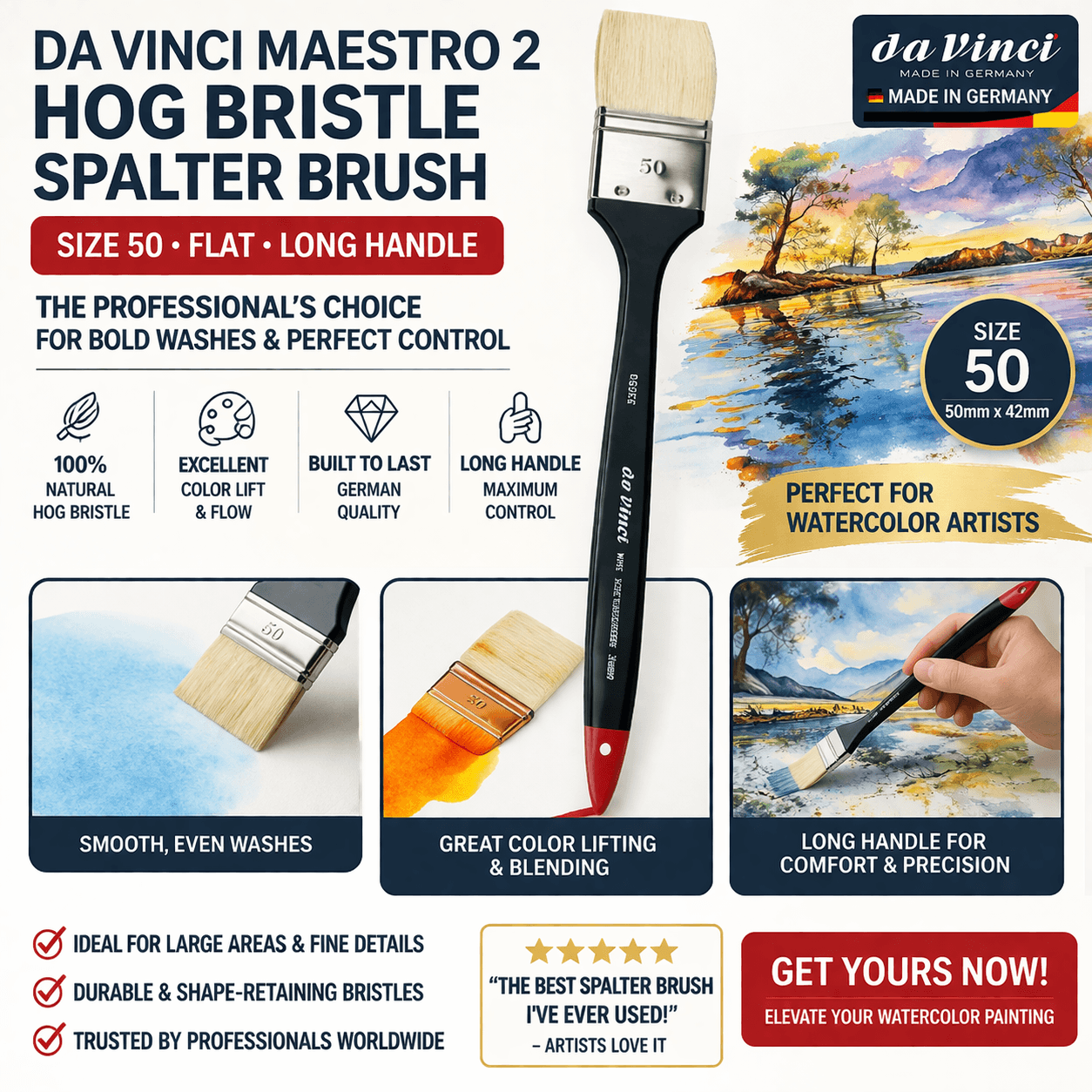 da Vinci Hog Bristle Series 7055 Maestro 2 Artist Paint Brush, Straight Edge Spalter with Red Handle, Size 50 - da Vinci art supplies product photo